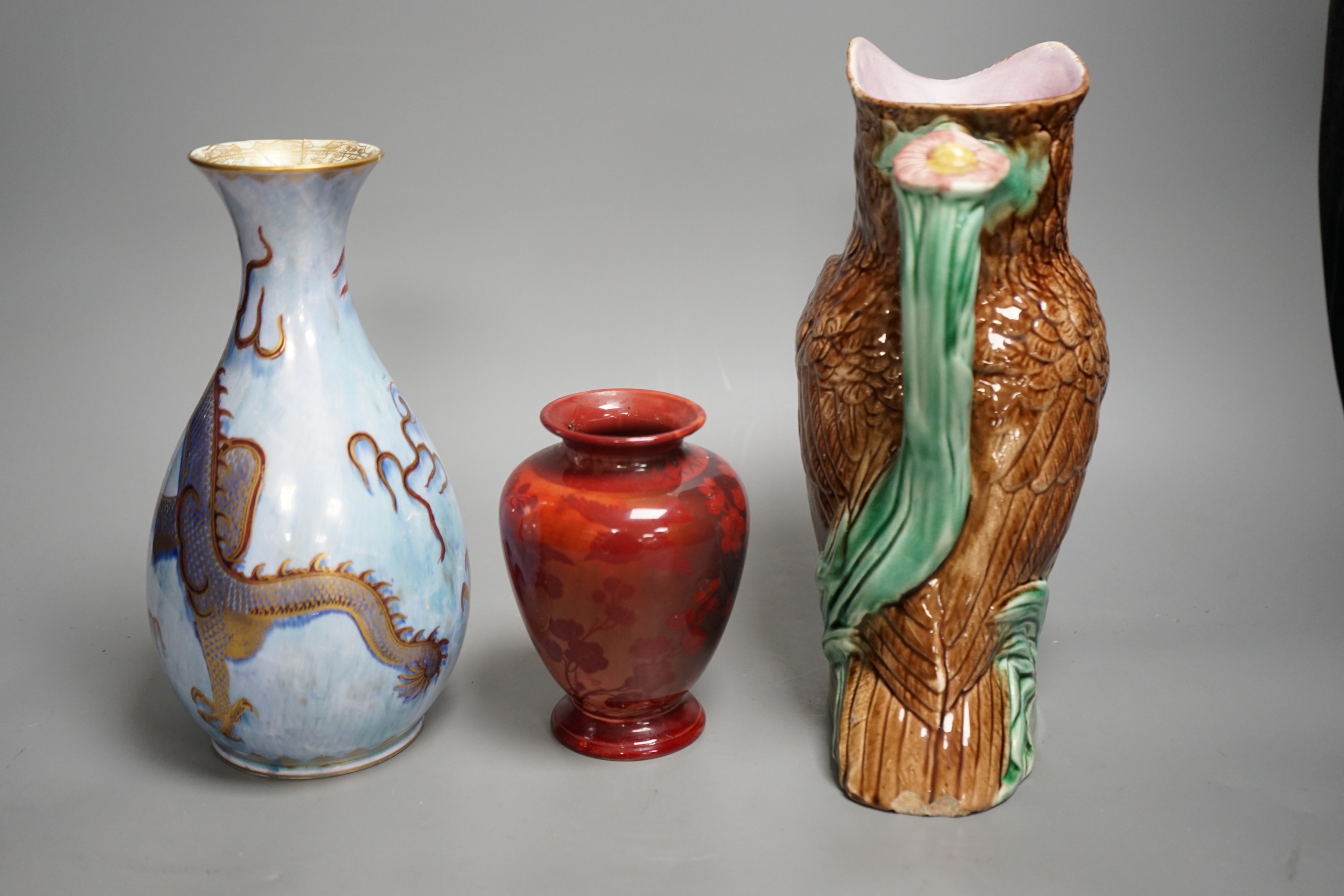 A majolica owl jug, a Wedgwood lustre vase and a Bernard Moore vase (all a.f.)